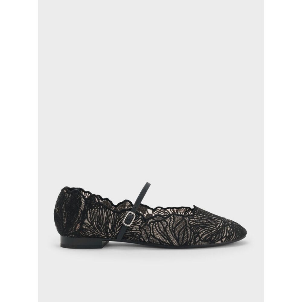 Charles & Keith Meja Floral Mary Jane Flats - Black Textured NWOT